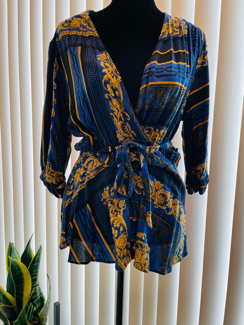 Dorothy Perkins Blue and Gold Baroque Wrap Top
